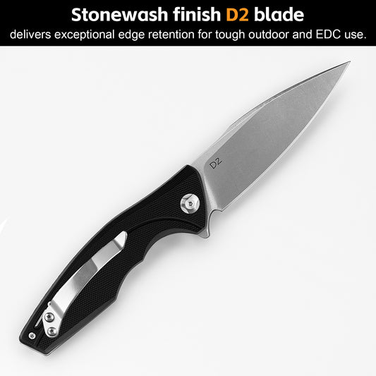 VYRkniv V903 Pocket EDC Knife, 3.2" D2 Steel Blade Black G10 Handle