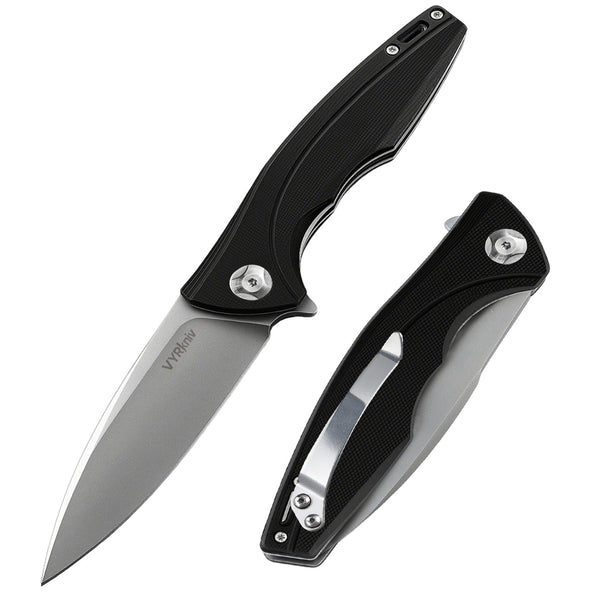 Two folding knives with black handles and silver blades on a white background